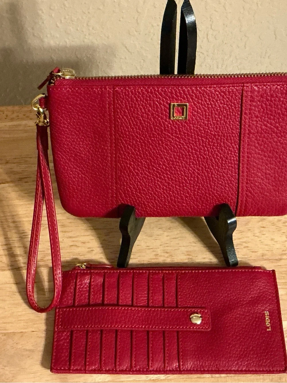 Lodis Red Pebbled Leather Wristlet with Gold Hardware & Card Holder